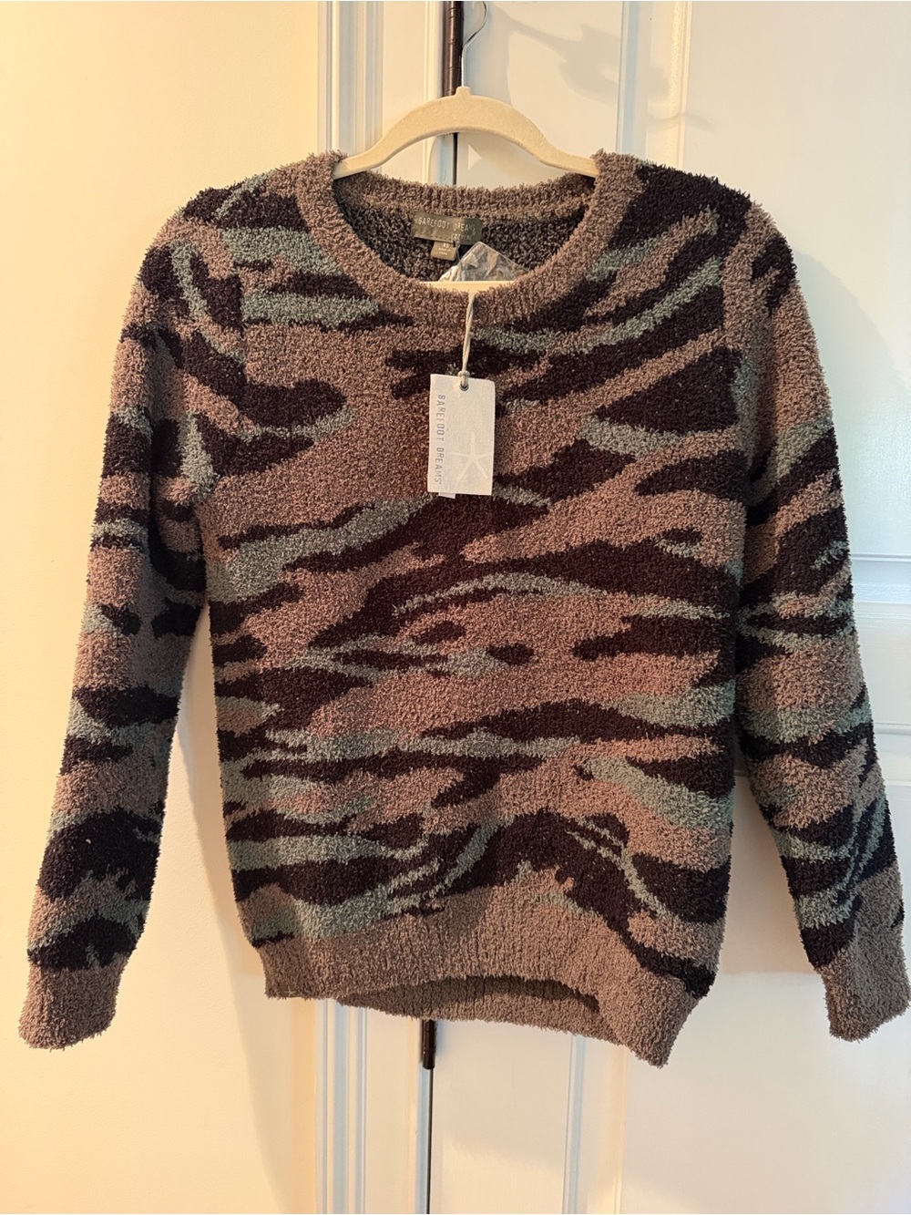Barefoot Dreams Crewneck Sweater in Taupe, Olive & Dark Brown Camo